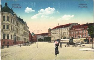 Pozsony, Pressburg, Bratislava; Postapalota, lovaskocsi, Szarvas szálloda / post palac, horse cart, hotel