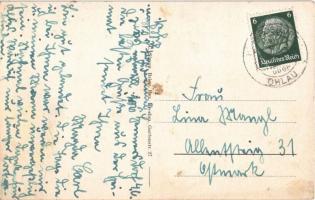 Osiek, Hennersdorf (Kr. Ohlau, Olawa); Kirche mit Dorfpartie, Alois Schmiedel Warenhandlung, Krause&...