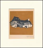 Kós Károly (1883-1977): Hegyvidéki ház, színes linómetszet, papír, utólagos jelzéssel, paszpartuban, 9×9 cm