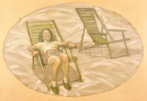 Jelzés nélkül: Napozó hölgy. Olaj, papír. Üvegezett fa keretben, 60×90 cm