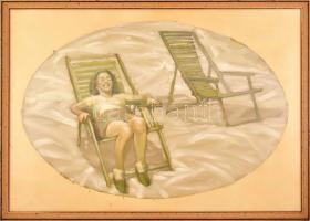 Jelzés nélkül: Napozó hölgy. Olaj, papír. Üvegezett fa keretben, 60×90 cm