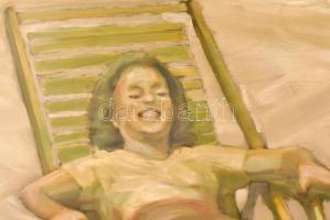 Jelzés nélkül: Napozó hölgy. Olaj, papír. Üvegezett fa keretben, 60×90 cm