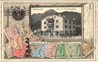 1905 Dobbiaco, Toblach-Cortina (Südtirol); Abfahrtsstelle der k.k. Postmessagerie / Departure point of the post carts, stamps. Philatelie Ansichtskarte No. 6. Ottmar Zieher, Art Nouveau, Emb. litho (EK)