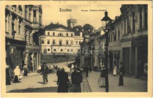 1909 Cieszyn, Teschen; Kronpr. Stefanie Strasse, Zur Wiener Mode, Prochaska, Schuhwaren / street, shops