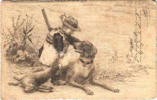 1900 Hunter boy with hunting dog and prey (fl)
