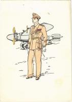 Magyar pilóta. Kiadja a Délvidéki Egyetemi és Főiskolai Hallgatók Egyesülete / WWII Hungarian military art postcard, pilot with aircraft (fl)