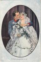 Kriegsgetraut / WWI Austro-Hungarian K.u.K. military art postcard, romantic couple, wedding. artist signed (EK)