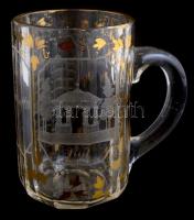 Balatonfüredi emlék pohár.  Erzsébet udvar és a füredi kút képével. XIX. sz. vége. Kézzel festett, m...