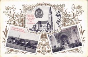 Stockern (Meiseldorf), Neue Herz Jesu-Pfarrkirche, Reliefbild am Haupteingang, Presbyterium mit Kreuzschiff / church interior. Art Nouveau, floral
