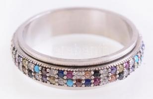 Ezüst(Ag) színes kövekkel díszített forgatható gyűrű, jelzett, méret: 58, bruttó: 4,16 g