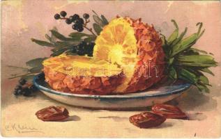 1927 Still life art postcard with pineapple. G.O.M. 2257. s: C. Klein (EK)
