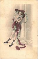 1911 Slightly erotic New Year greeting art postcard, lady with champagne (fl)