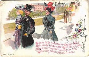 1900 Romantic couple, lady art postcard. litho (kopott sarkak / worn corners)