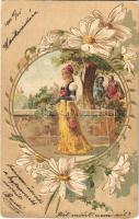 1901 Lady art postcard. Art Nouveau, Floral, Emb. litho (EK)
