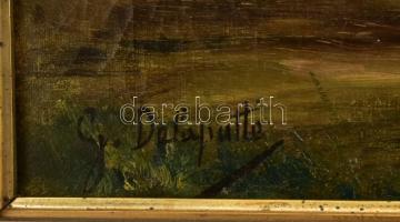 G. Delaputte (?) jelzéssel: Tehenek a vízparton. Olaj, vászon, sérült. Kissé kopott antik fa keretbe...