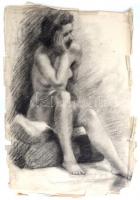 Sassy Attila (1880-1967): Ábrándozó női akt. Szén, papír. Jelzett. sérült. 49x33,5 cm