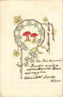 1906 Floral, Emb. litho greeting card with mushrooms and clovers (EK)