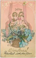 1904 Július 26. Éljen Anna! / Name Day greeting art postcard with silk. Art Nouveau, Floral, Emb. litho (fl)