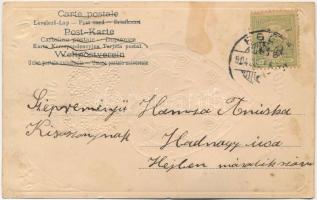 1904 Július 26. Éljen Anna! / Name Day greeting art postcard with silk. Art Nouveau, Floral, Emb. li...