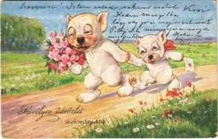 1930 Szívélyes üdvözlet névnapjára! / Name Day greeting art postcard with Bonzo dog. W.S.S.B. 8373. (EK)