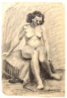 Sassy Attila (1880-1967): Ülő női akt. Szén, papír. Jelzett. Sérült. 47x31,5 cm