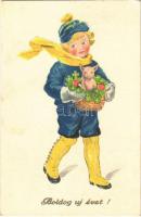 Boldog Újévet! / New Year greeting art postcard, boy with pig, mushroom and clovers (Rb)