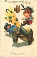 1933 Boldog Újévet! / New Year greeting art postcard, cannon with clovers and horseshoe