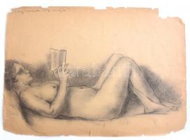 Sassy Attila (1880-1967): Olvasó női akt. Szén, papír. Jelzett. Sérült. 30,5x43 cm