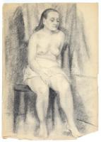 Sassy Attila (1880-1967): Ülő női akt. Szén, papír. Jelzés nélkül. Sérült. 42x29,5 cm