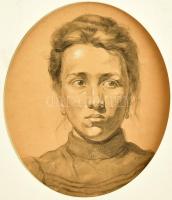 Jelzés nélkül, feltehetően a XIX sz. végén működött festő alkotása: Női arckép. Ceruza, papír. Paszpartuban. 38x32,5 cm