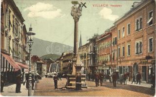 Villach, Hauptplatz, Klein & Lang / main square, shops, Trinity statue (EK)