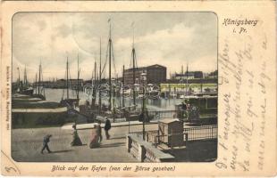 1903 Kaliningrad, Königsberg; Blick auf den Hafen (von der Börse gesehen) / port, quay, tram (fl)