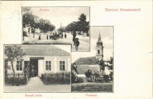 1910 Dunaalmás, Fő utca, templom, Kuszák Gyula üzlete