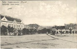 1928 Ipolyság, Sahy; Fő tér, Lengyel szálloda, Jakub Neumann üzlete / main square, hotel, shop (EK)
