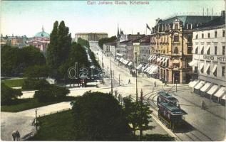 1918 Oslo, Christiania, Kristiania; Carl Johans Gade med Slottet / street view, hotel, tram, castle