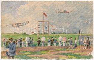 1910 Budapest XVI. Mátyásföld, repülőtér repülőgépekkel. Saját kézzel festett művészlap / hand-painted art postcard (r)