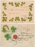 2 db RÉGI hosszúcímzéses litho üdvözlő motívum képeslap lóherével / 2 pre-1901 litho greeting motive postcards with clovers