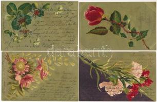 4 db RÉGI hosszúcímzéses arany litho üdvözlő motívum képeslap virágokkal / 4 pre-1901 litho gold greeting motive postcards with flowers