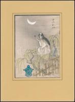 Ismeretlen jelzéssel, feltehetően távol keleti (kínai?) művész alkotása: Hölgy holdfényben. Fametszet, akvarell, papír, paszpartuban. 18×13 cm