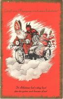 ~1950 Gruss vom Krampus und vom Nikolaus! / Krampus, Saint Nicholas in motorbike / Krampusz és Mikulás motorkerékpárban (EK)