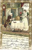 1904 Romantic couple, lady art postcard. Ser. Herzlieb No. 1930. Emb. floral frame, litho (lyuk / pinhole)