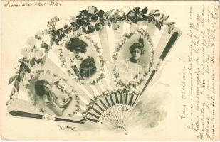 1900 Art Nouveau hand fan lady art postcard, floral (EK)