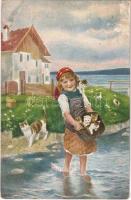 In treuer Hut / Children art postcard, girl with cats s: R. Hirth du Frenes (Rb)
