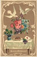 1913 Herzlichen Glückwunsch zum Geburtstage / Birthday greeting art postcard, doves with flowers. Art Nouveau, Floral, Emb. litho (apró lyuk / tiny hole)