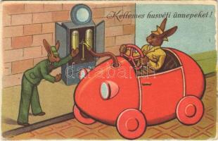1944 Kellemes húsvéti ünnepeket! / Easter greeting card, rabbit refueling his egg-shaped automobile, petrol pump (EK)