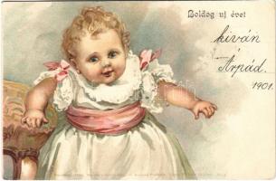 1900 Boldog Újévet! / New Year greeting art postcard. Theo. Stroefers Kunstverlag. Aquarell Postkarte Serie XXXVII (Kinder) No. 4. litho (EK)