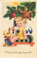 Boldog karácsonyi ünnepeket / Christmas greeting art postcard, child with telephone and dog. Amag 2699. (fl)