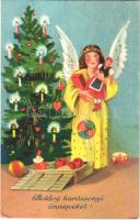 1933 Boldog karácsonyi ünnepeket / Christmas greeting art postcard, Angel with toys by the Christmas tree (EK)