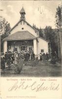 ~1900 Tátralomnic, Tatranská Lomnica (Magas-Tátra, Vysoké Tatry); Katolikus templom, tömeg a mise előtt. Kuszmann Gyula kiadása / church, mass (EK)