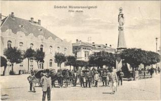 1907 Máramarossziget, Sighetu Marmatiei; Fő tér, lovaskocsik, rendőr / main square, horse carts, statue, policeman (EK)